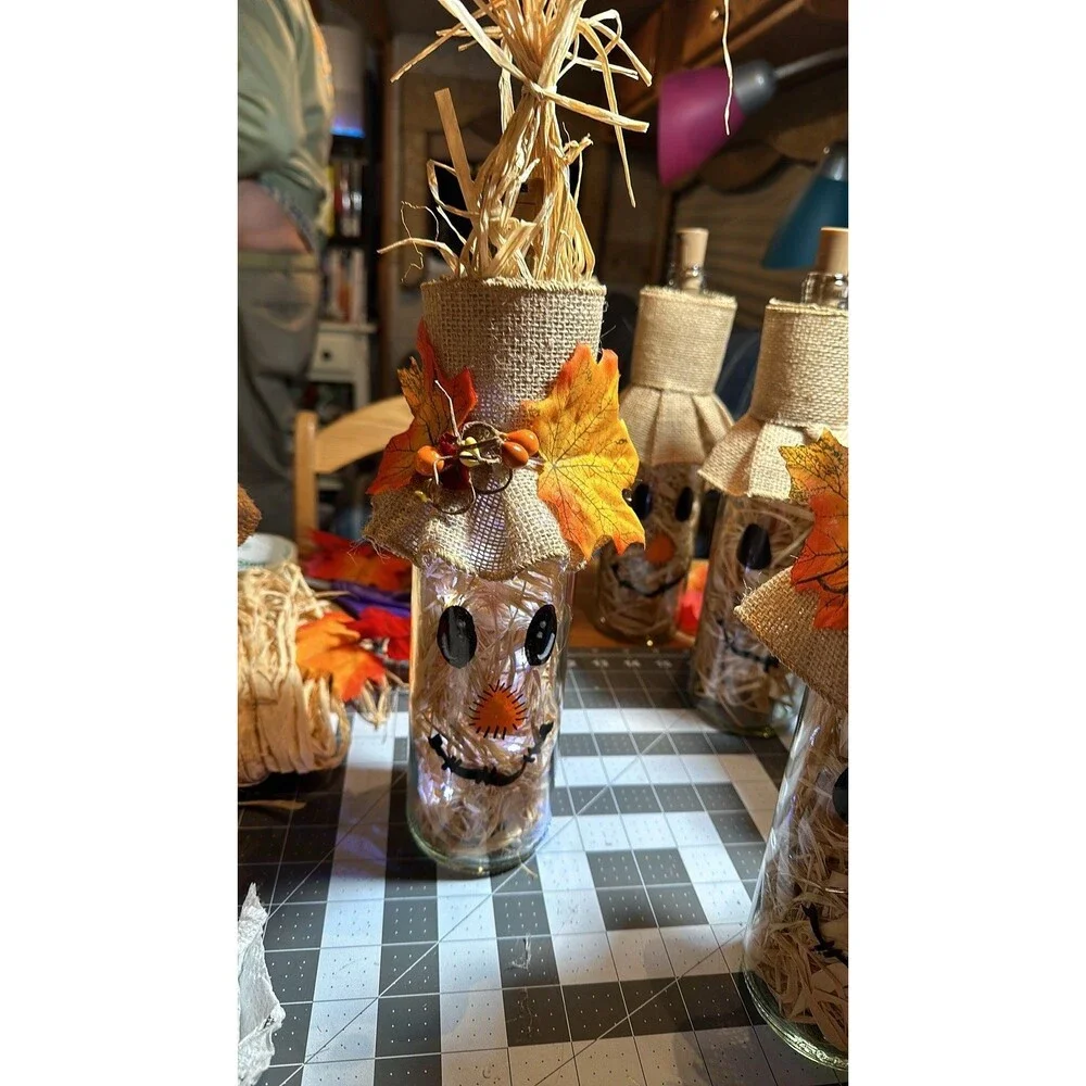 Light Up Scarecrow Bottle w/ Burlap Hat and Raffia “Straw” - New - Handmade